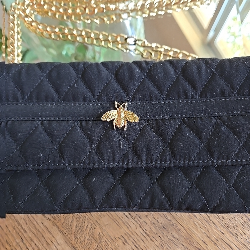One of a kind Black Quilted Bag with 50"Gold Chain Upcycled Designer Gold BEE - Picture 3 of 12